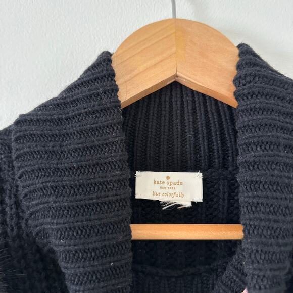 Kate Spade Cashmere Blend Faux Fur Pom Poms Front Turtleneck Poncho Black OS - Picture 8 of 9